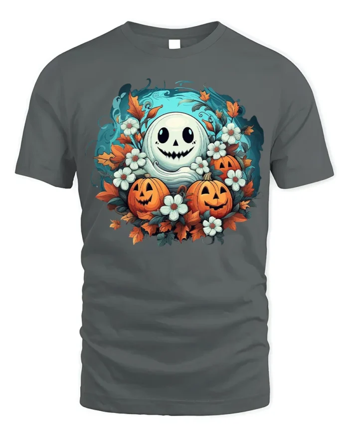Smiling Ghost Pumpkin Floral Halloween T-Shirt - gray t-shirt on white background