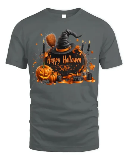 Witch Hat Pumpkin Happy Halloween T-Shirt - gray t-shirt on white background