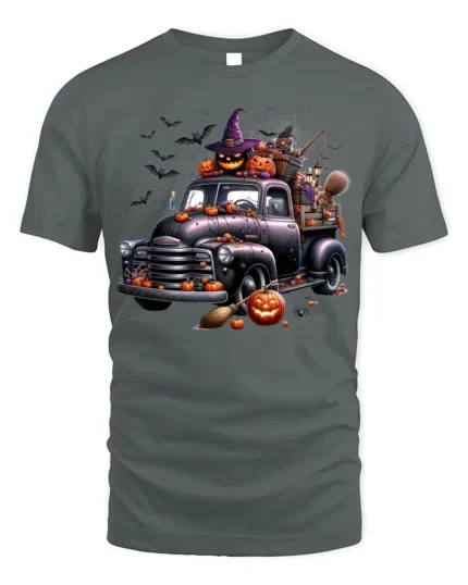 Halloween Pumpkin Witch Vintage Truck T-Shirt - gray t-shirt on white background