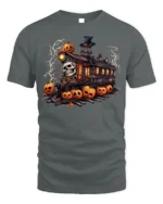 Haunted Pumpkin Skull Halloween Train T-Shirt - gray t-shirt on white background