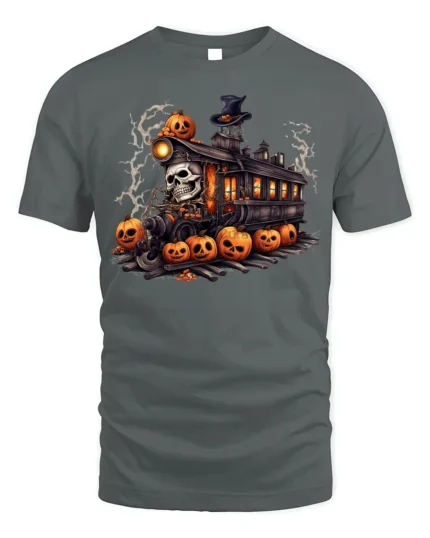 Haunted Pumpkin Skull Halloween Train T-Shirt - gray t-shirt on white background