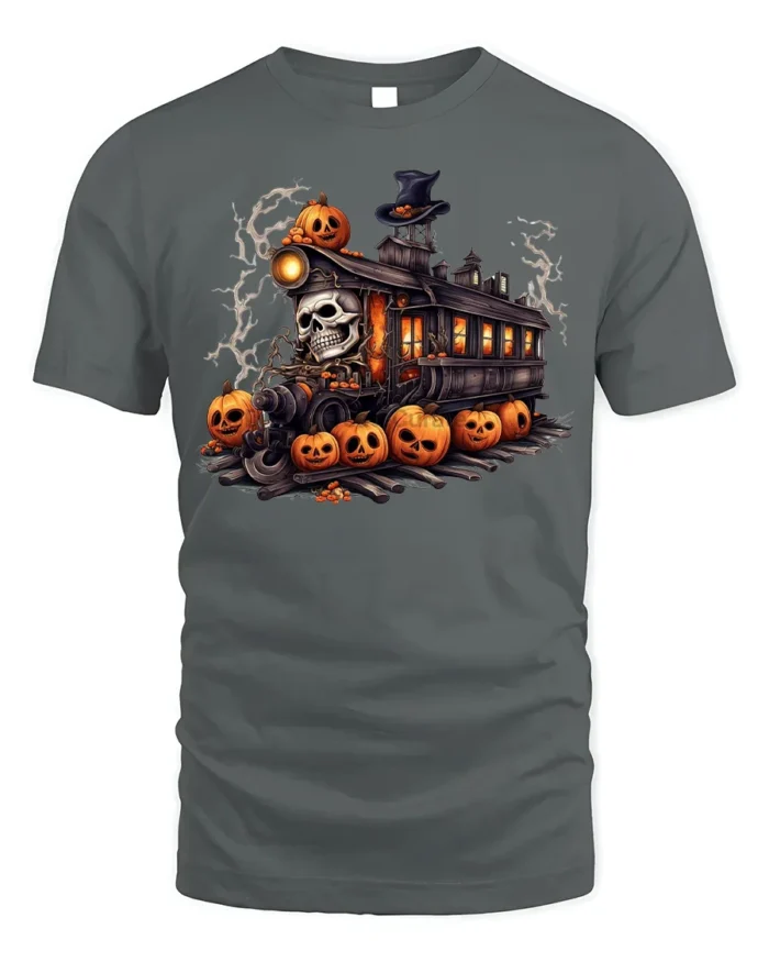 Haunted Pumpkin Skull Halloween Train T-Shirt - gray t-shirt on white background