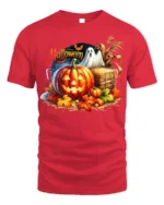Halloween Pumpkin Ghost Scene Graphic T-Shirt - red t-shirt on white background