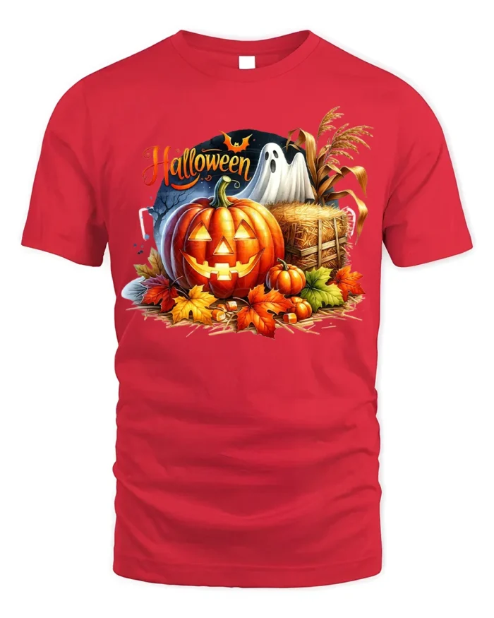 Halloween Pumpkin Ghost Scene Graphic T-Shirt - red t-shirt on white background