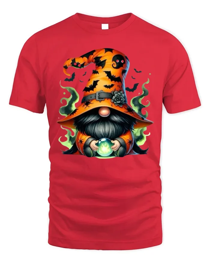 Halloween Gnome Wizard Crystal Ball T-Shirt - red t-shirt on white background