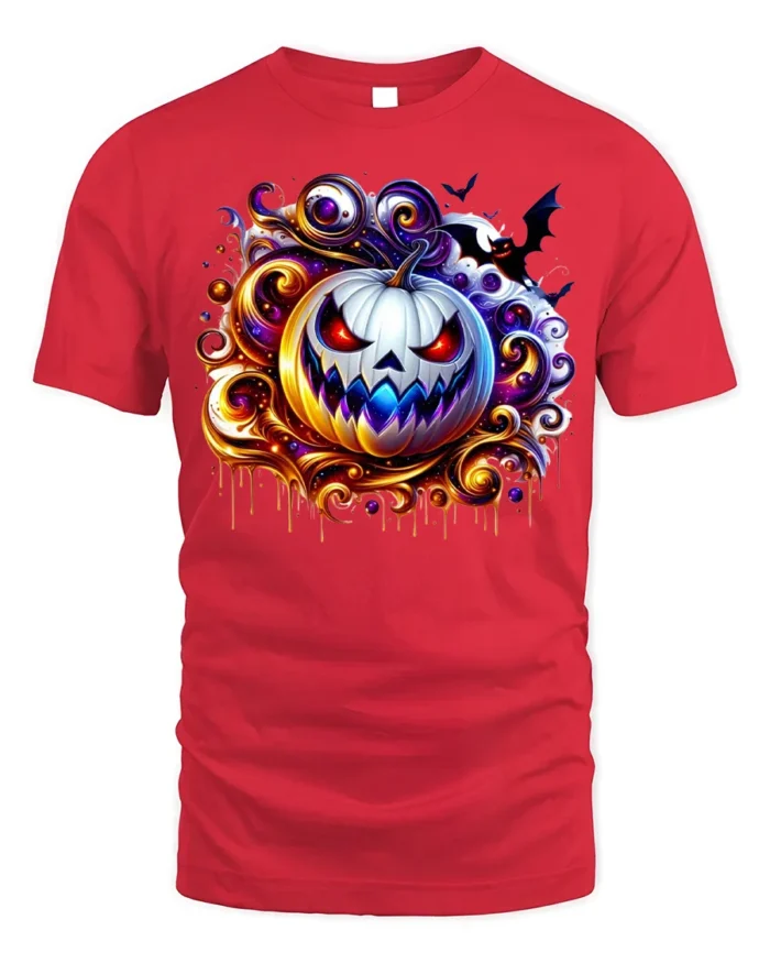 Scary White Pumpkin Halloween Graphic T-Shirt - red t-shirt on white background
