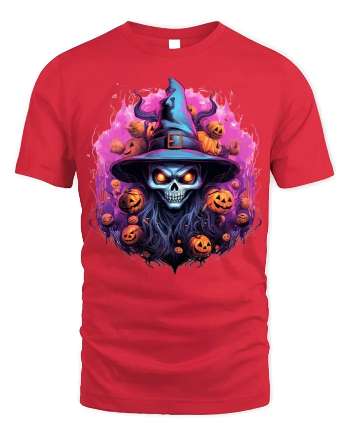 Scary Witch Skull Pumpkin Halloween T-Shirt - red t-shirt on white background