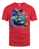Funny Skeleton Witch Cauldron Halloween T-Shirt - red t-shirt on white background