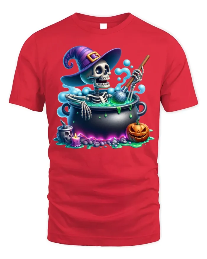 Funny Skeleton Witch Cauldron Halloween T-Shirt - red t-shirt on white background