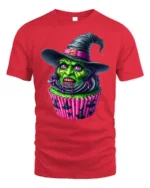 Creepy Witch Cupcake Halloween Graphic T-Shirt - red t-shirt on white background