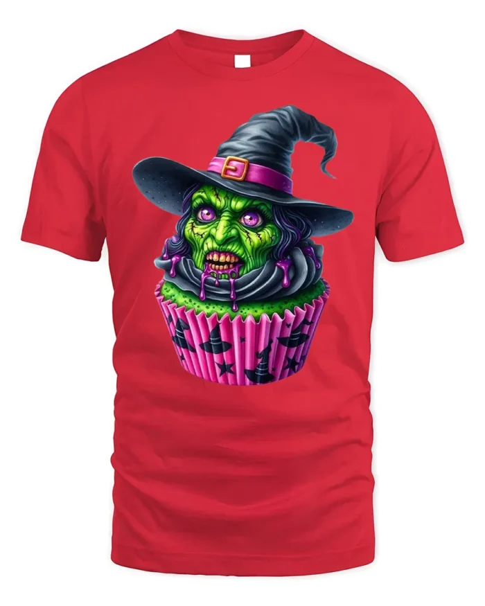 Creepy Witch Cupcake Halloween Graphic T-Shirt - red t-shirt on white background