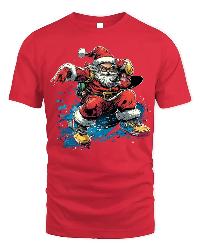 Cool Skateboarding Santa Christmas T-Shirt - red t-shirt on white background
