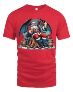 Santa Drinking Beer with Dragon Christmas T-Shirt - red t-shirt on white background