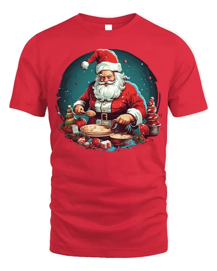 Santa Baking Christmas Cookies Graphic T-Shirt - red t-shirt on white background
