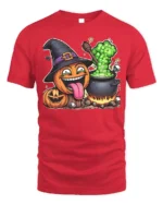 Funny Pumpkin Witch Cauldron Halloween T-Shirt - red t-shirt on white background