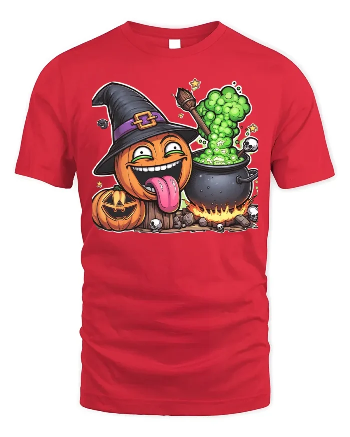 Funny Pumpkin Witch Cauldron Halloween T-Shirt - red t-shirt on white background