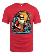 Rock and Roll Santa Guitar Christmas T-Shirt - red t-shirt on white background