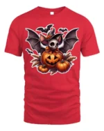 Halloween Bat Skull Pumpkin Graphic T-Shirt - red t-shirt on white background
