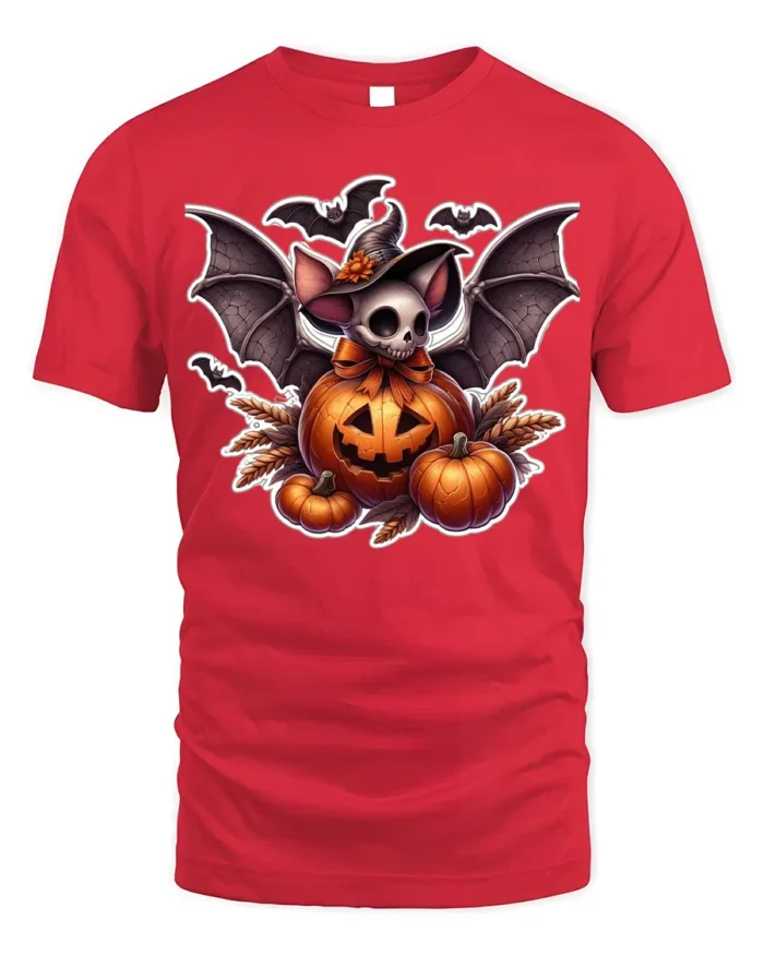 Halloween Bat Skull Pumpkin Graphic T-Shirt - red t-shirt on white background