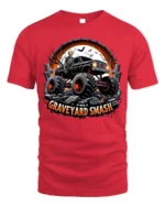 Graveyard Smash Skeleton Monster Truck T-Shirt - red t-shirt on white background
