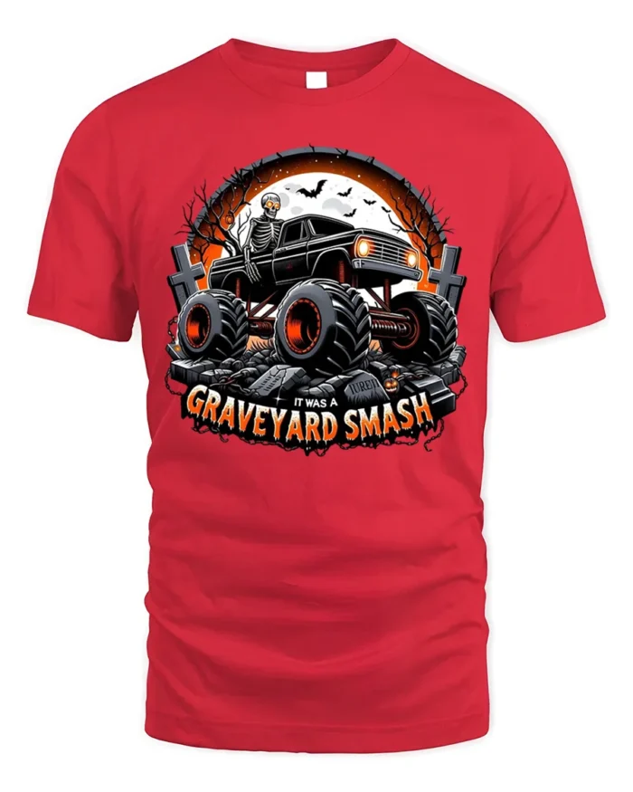 Graveyard Smash Skeleton Monster Truck T-Shirt - red t-shirt on white background