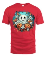 Smiling Ghost Pumpkin Floral Halloween T-Shirt - red t-shirt on white background