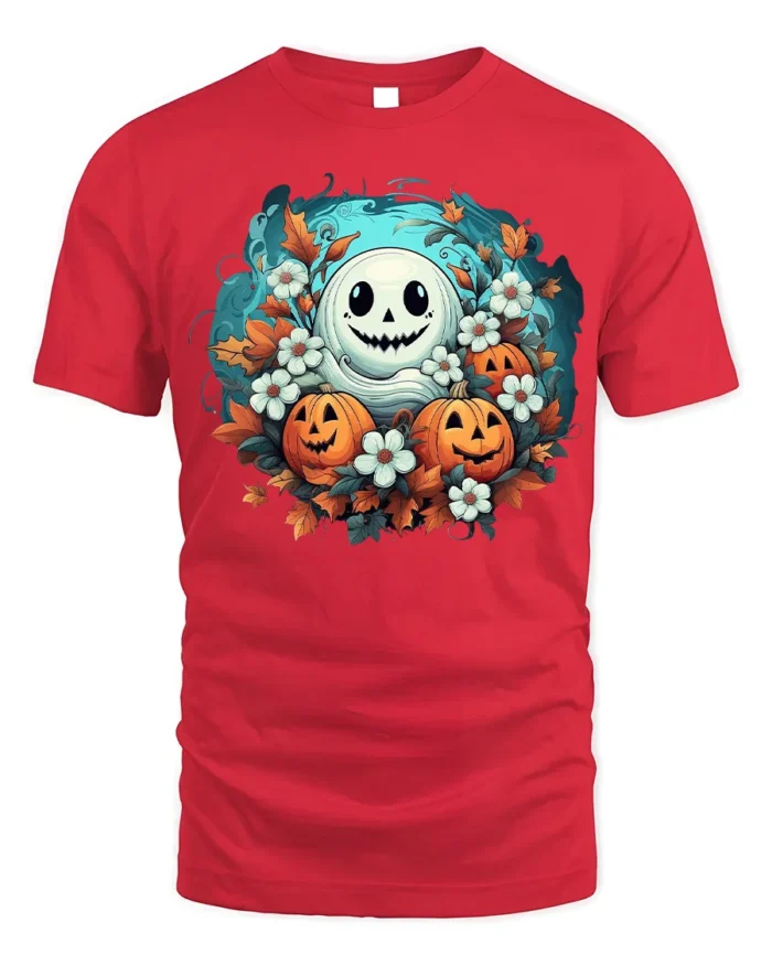 Smiling Ghost Pumpkin Floral Halloween T-Shirt - red t-shirt on white background