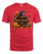 Witch Hat Pumpkin Happy Halloween T-Shirt - red t-shirt on white background