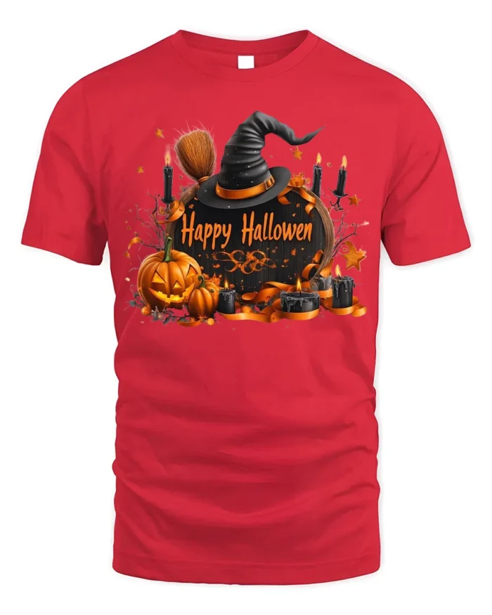 Witch Hat Pumpkin Happy Halloween T-Shirt - red t-shirt on white background