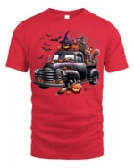 Halloween Pumpkin Witch Vintage Truck T-Shirt - red t-shirt on white background