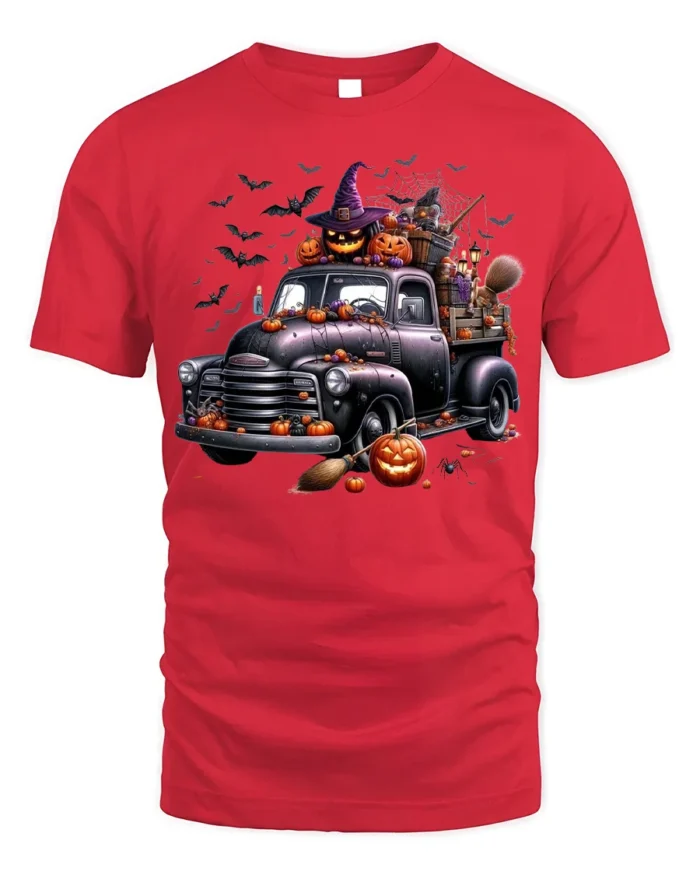 Halloween Pumpkin Witch Vintage Truck T-Shirt - red t-shirt on white background