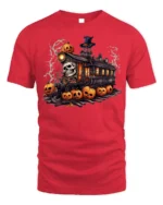 Haunted Pumpkin Skull Halloween Train T-Shirt - red t-shirt on white background