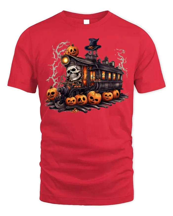 Haunted Pumpkin Skull Halloween Train T-Shirt - red t-shirt on white background