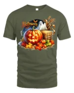 Halloween Pumpkin Ghost Scene Graphic T-Shirt - military green t-shirt on white background