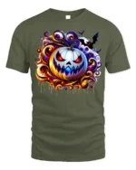 Scary White Pumpkin Halloween Graphic T-Shirt - military green t-shirt on white background