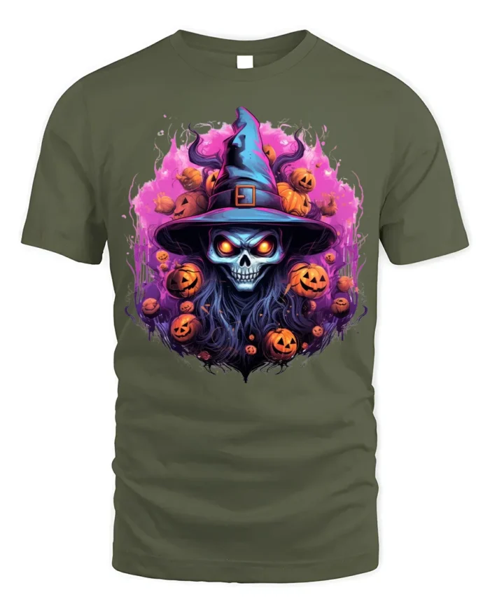 Scary Witch Skull Pumpkin Halloween T-Shirt - military green t-shirt on white background