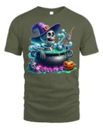 Funny Skeleton Witch Cauldron Halloween T-Shirt - military green t-shirt on white background