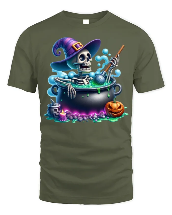 Funny Skeleton Witch Cauldron Halloween T-Shirt - military green t-shirt on white background