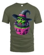 Creepy Witch Cupcake Halloween Graphic T-Shirt - military green t-shirt on white background