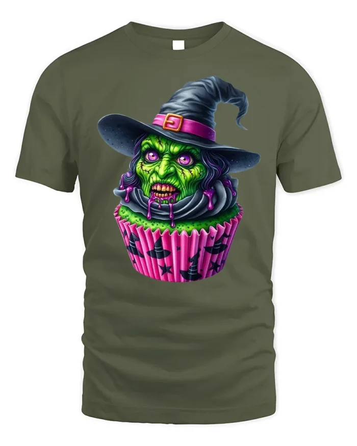 Creepy Witch Cupcake Halloween Graphic T-Shirt - military green t-shirt on white background
