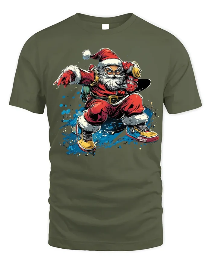 Cool Skateboarding Santa Christmas T-Shirt - military green t-shirt on white background