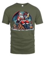 Santa Drinking Beer with Dragon Christmas T-Shirt - military green t-shirt on white background