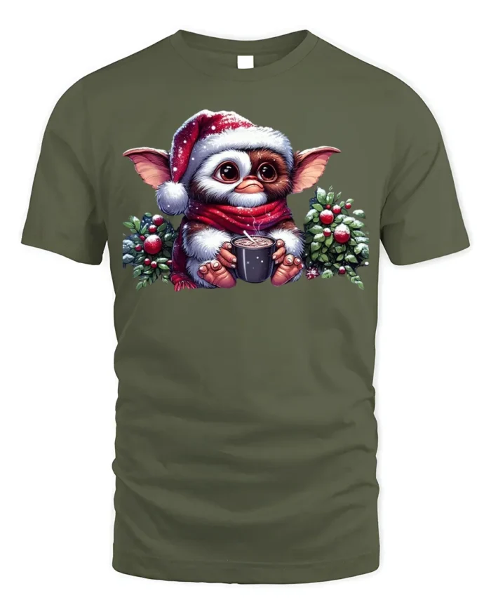 Cute Christmas Gizmo Cocoa Holiday T-Shirt - military green t-shirt on white background