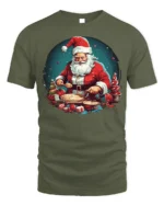 Santa Baking Christmas Cookies Graphic T-Shirt - military green t-shirt on white background