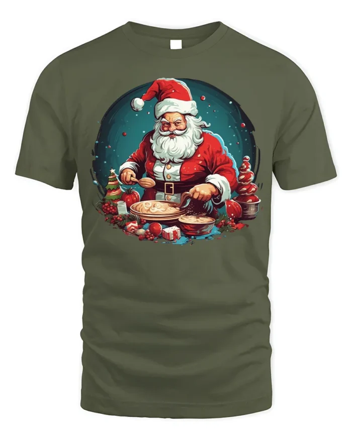 Santa Baking Christmas Cookies Graphic T-Shirt - military green t-shirt on white background