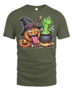 Funny Pumpkin Witch Cauldron Halloween T-Shirt - military green t-shirt on white background