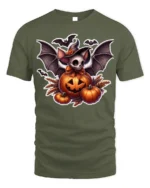 Halloween Bat Skull Pumpkin Graphic T-Shirt - military green t-shirt on white background