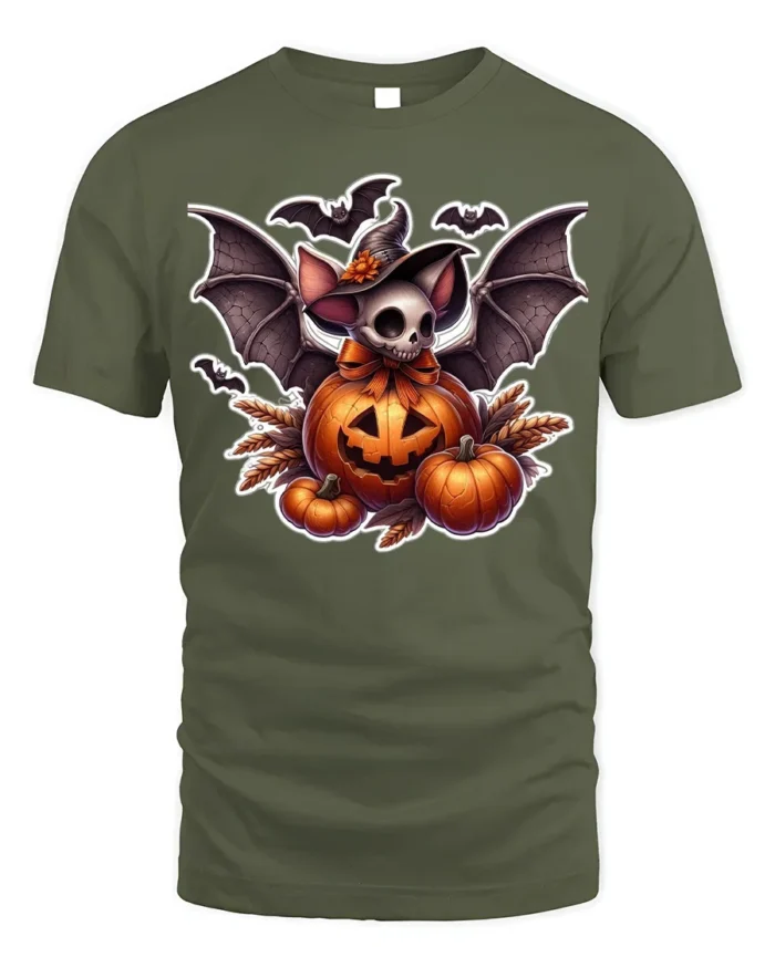 Halloween Bat Skull Pumpkin Graphic T-Shirt - military green t-shirt on white background