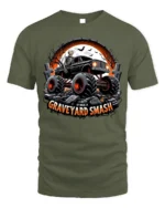 Graveyard Smash Skeleton Monster Truck T-Shirt - military green t-shirt on white background