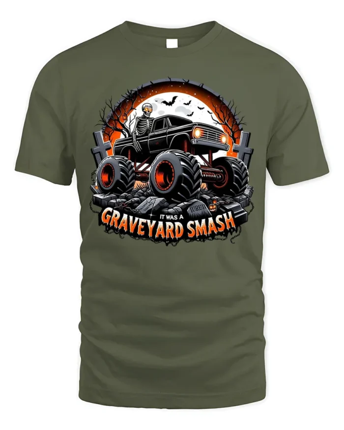 Graveyard Smash Skeleton Monster Truck T-Shirt - military green t-shirt on white background